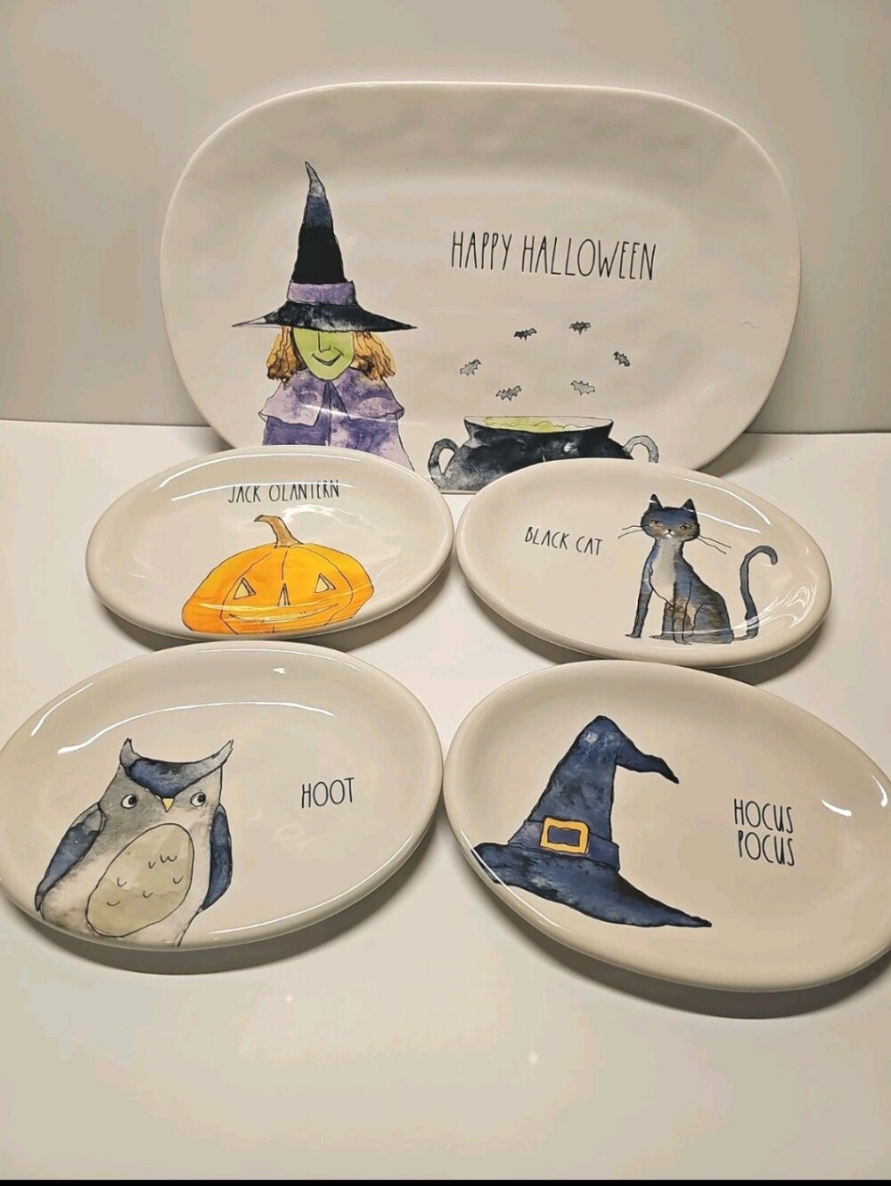 Rae Dunn Halloween  Platter 14.5" and Set of 4 Plates 8.5" Witch Cat Pumpkin Owl